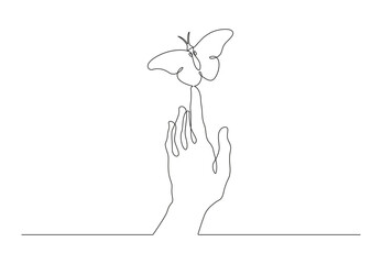 Butterfly sit on the human hand. Insect moth flying in the air. Open palm. One continuous drawing line logo single hand drawn art doodle isolated minimal illustration.