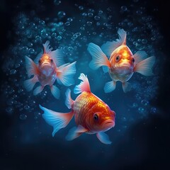 Underwater scene with three fish swimming, AI generated.