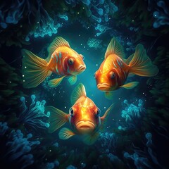 Three fishes swimming in the ocean, AI generated.