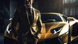 A Close-Up of a Rich Businessman Standing in Front of a Luxurious Supercar. Generative AI