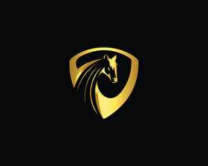 Sticker - Luxury Horse With Shield Logo. Gold Royal Horse Symbol Premium Vector Icon Template.