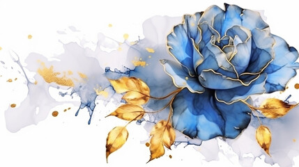 Wall Mural - Creative design background with blue rose flower and gold on white background 
