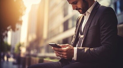 Close-up image of business man watching smart mobile phone device outdoors - Businessman networking typing an sms message in city street, man using smartphone in the city, Generative AI
