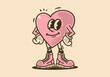 Mascot character illustration of a pink heart in a cocky style