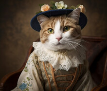 Cat Dressed In Vintage Clothes In Victorian Style, Portrait In The Style Of The 19th Century, Funny Cute Cat In Human Clothes. AI Generated Image.