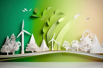 Wall Mural - Paper art, renewable energy with green energy such as wind turbines, Renewable energy by 2050 Carbon neutral energy, Energy consumption, and CO2, Reduce CO2 emission concept, generate ai