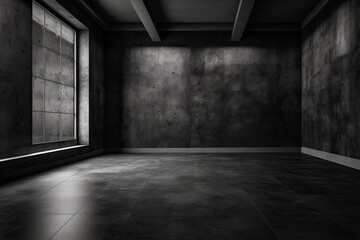 Fototapete - Dark black and gray abstract cement wall and interior textured studio room for product display. Wall background	
