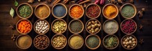 Top View Of A Colorful Assortment Of Indian Food Beautifully Arranged On A Table. The Rich Flavors And Vibrant Culinary Culture Of India. Generative AI