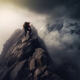 Fototapeta Sawanna - Compose an image that encapsulates the sense of triumph and accomplishment experienced by a hiker reaching the summit of a towering mountain peak. Generative AI