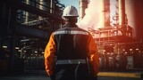 Fototapeta  - Worker stands and observes an oil refinery in a protective jacket and helmet. Security concept. Generative AI