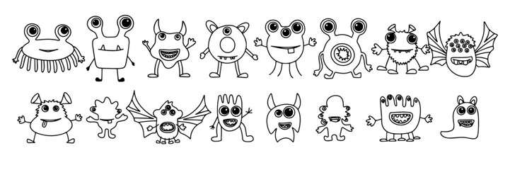 Wall Mural - Big collection of doodle monsters. Hand drawn art abstract big set with cute, funny, scary, monsters. Vector illustration
