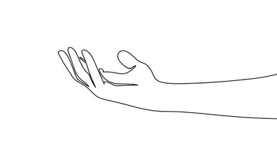 Wall Mural - Human hand palm up isolated on white background. One line continuous arm art. Line art, outline, vector illustraiton.