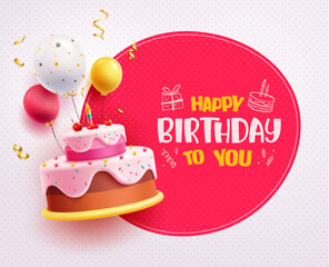 happy birthday text vector design. birthday cake and balloon with happy birthday in red circle space
