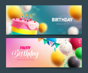 Happy birthday vector banner design. Birthday greeting text with cake and balloons floating elements. Vector illustration invitation card lay out collection.