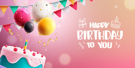 birthday text vector design. happy birthday greeting typography with cake and colorful balloons pink