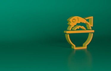 Wall Mural - Orange Served fish on a bowl icon isolated on green background. Minimalism concept. 3D render illustration