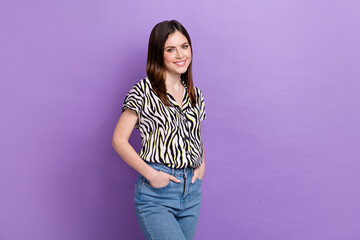 Poster - Photo of young candid pretty woman wear vintage zebra print shirt hand pockets jeans office manager isolated on violet color background