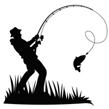 Black Silhouette Of A Fisherman With A Fishing Rod And A Fish On A White Background. Suitable For Use As A Logo, A Symbol For Simple Printing. Theme Of Recreation, Fishing, Weekends. Vector 