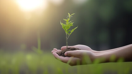 Wall Mural - Plants and soil on hands forest conservation background