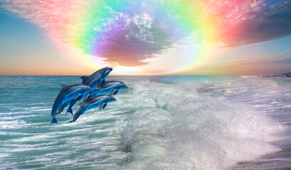 Poster - Group of dolphins jumping on the water with rainbow - Beautiful seascape and blue sky