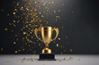 © alisaaa - Golden trophy award with falling confetti on grey background, copy space for text, Competition winner prize, 3d rendering