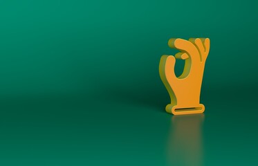 Poster - Orange Medical rubber gloves icon isolated on green background. Protective rubber gloves. Minimalism concept. 3D render illustration