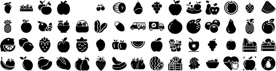 Set Of Fruits Icons Isolated Silhouette Solid Icon With Fruit, Food, Fresh, Organic, Healthy, Orange, Diet Infographic Simple Vector Illustration Logo