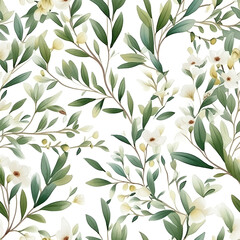 Floral seamless pattern with white flowers. Botanical background. AI Illustration. For wallpaper, prints, fabric design, wrapping paper, surface textures, digital paper.