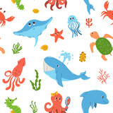 Fototapeta  - Seamless pattern of colorful hand drawn marine animals and algae, corals underwater world in flat vector style. Print design for children apparel, textile, wallpaper, packaging
