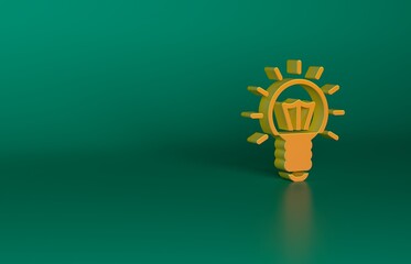 Poster - Orange Light bulb with concept of idea icon isolated on green background. Energy and idea symbol. Inspiration concept. Minimalism concept. 3D render illustration