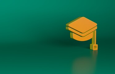 Wall Mural - Orange Graduation cap icon isolated on green background. Graduation hat with tassel icon. Minimalism concept. 3D render illustration