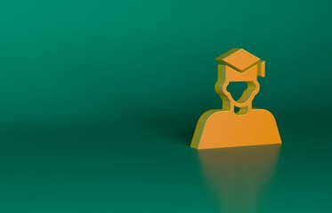 Wall Mural - Orange Graduate and graduation cap icon isolated on green background. Minimalism concept. 3D render illustration