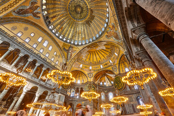 St. Sophia mosque interior dome and lamps. Historic Istanbul, Turkey