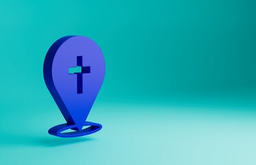 Wall Mural - Blue Map pin church building icon isolated on blue background. Christian Church. Religion of church. Minimalism concept. 3D render illustration