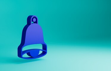 Poster - Blue Church bell icon isolated on blue background. Alarm symbol, service bell, handbell sign, notification symbol. Minimalism concept. 3D render illustration