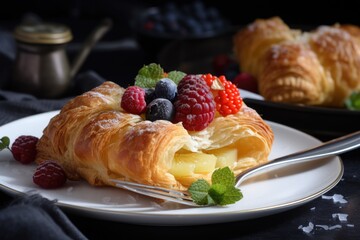 Canvas Print - flaky puff pastry twist, filled with custard and fruit, created with generative ai