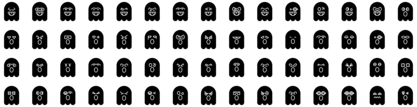 Set Of Ghost Icons Isolated Silhouette Solid Icon With White, Horror, Scary, Fear, Spooky, Halloween, Ghost Infographic Simple Vector Illustration Logo