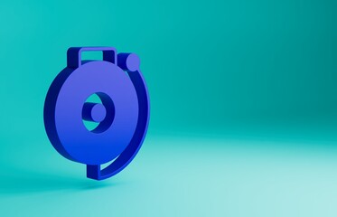 Wall Mural - Blue Ringing alarm bell icon isolated on blue background. Fire alarm system. Service bell, handbell sign, notification symbol. Minimalism concept. 3D render illustration