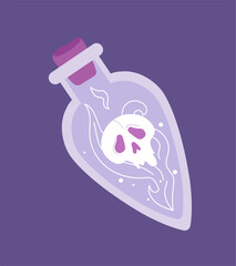 Esoteric potion concept. Glass flag with skull silhouette. Poison and dangerous liquid. Fantasy and imagination, witchcraft and magic. Cartoon flat vector illustration isolated on violet background