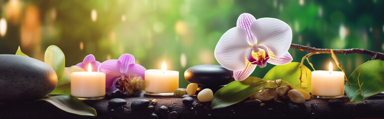 Spa therapy background with essential candle and flower