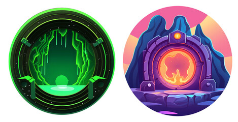 Magical portal for game. Icon for RPG fantasy illustrations. Colorful Magical world. Set of Flat colorful cartoon isolaed on white created with Generative AI Technology