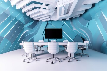 Poster - abstract meeting room with unconventional virtual background, such as geometric shapes or abstract patterns, created with generative ai