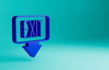 Wall Mural - Blue Fire exit icon isolated on blue background. Fire emergency icon. Minimalism concept. 3D render illustration