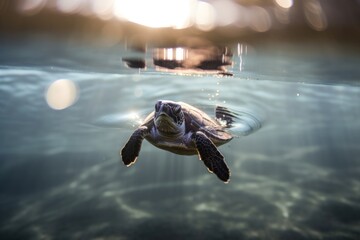 Canvas Print - sea turtle hatchling swimming toward the sunlight for the first time, created with generative ai