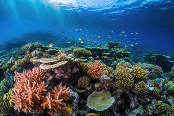 Wall Mural - coral reef with schools of tropical fish swimming among colorful corals, created with generative ai