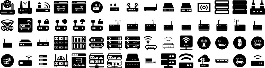 Set Of Router Icons Isolated Silhouette Solid Icon With Wireless, Internet, Antenna, Technology, Router, Communication, Network Infographic Simple Vector Illustration Logo