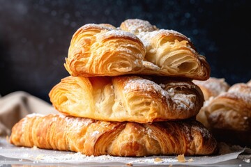 Poster - stack of croissants, layered with rich and flaky dough, and topped with a dusting of powdered sugar, created with generative ai