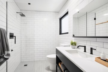 Canvas Print - decluttered bathroom with white tiles, sleek fixtures, and minimalist decor, created with generative ai