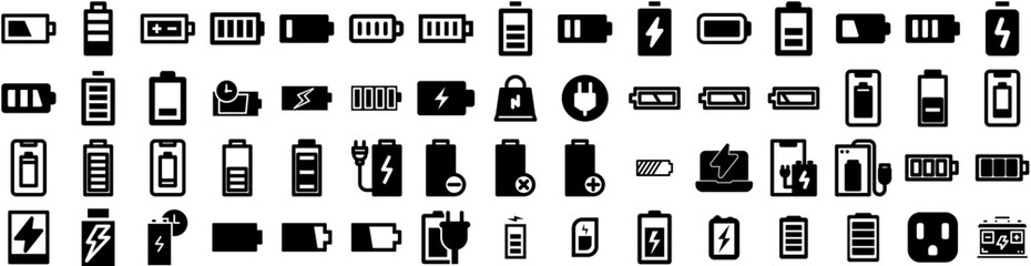 Wall Mural - Set Of Charge Icons Isolated Silhouette Solid Icon With Electric, Vehicle, Power, Battery, Energy, Charger, Technology Infographic Simple Vector Illustration Logo