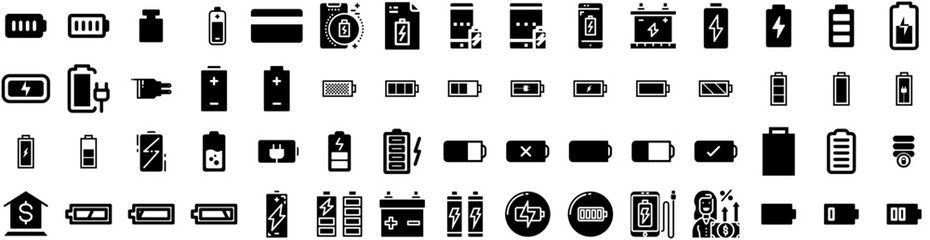 Wall Mural - Set Of Charge Icons Isolated Silhouette Solid Icon With Technology, Charger, Energy, Electric, Power, Vehicle, Battery Infographic Simple Vector Illustration Logo